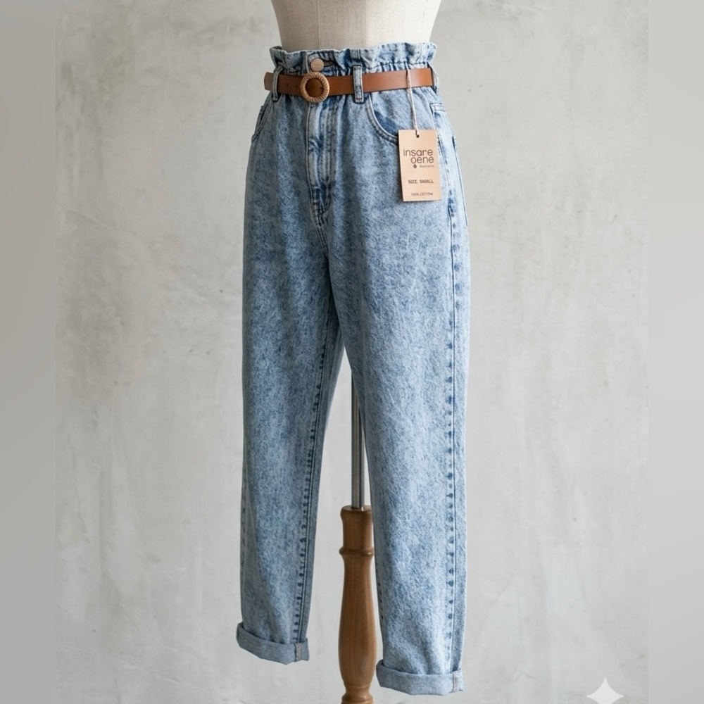 Insane Gene High Rise Paper Bag Waist Slouchy Relaxed Light Wash Denim Jeans S